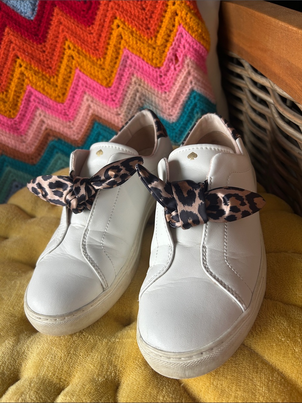 kate spade White Leather Sneakers with Leopard-Print Bow
